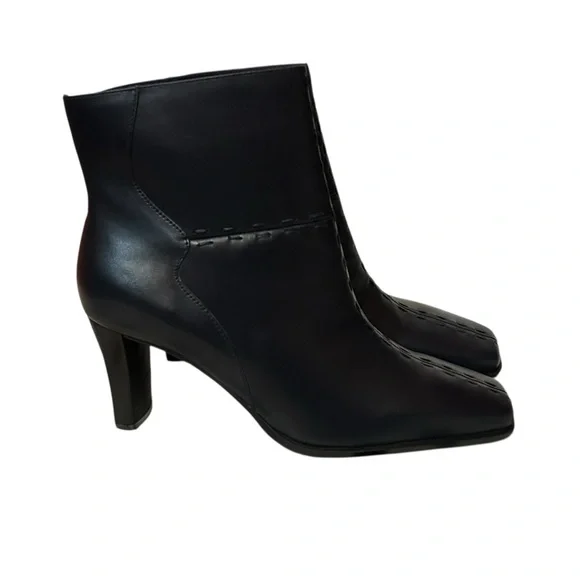 Markon Black Leather Ankle Boots 8M Brazil Square Toe Stitched Detail Heel Goth - Picture 3 of 7